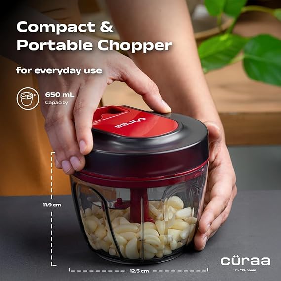 CÜRAA ChopLab Lite Manual Vegetable Chopper for Kitchen Use | By Chef Sanjyot Keer | Mini Chopper for Kitchen with Stainless Steel Blades – 650ml (Red)